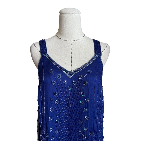 RARE Vintage 80s Judith Ann 2 pc Blue Silk Sequin Beaded Kimono Jacket and Dress - Picture 7 of 16